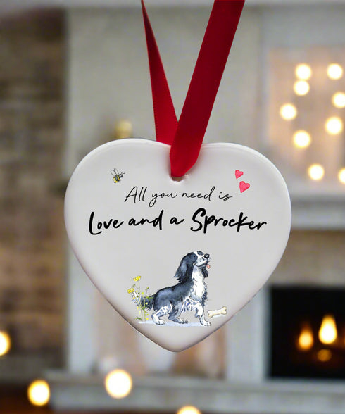 Love and a Sprocker Black & White Ceramic Heart